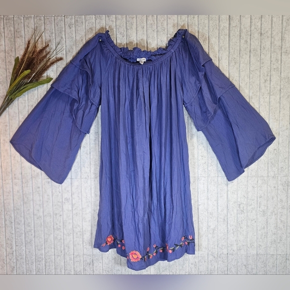 Dizzy Lissy Blue Boho Embroidered Bell Sleeve Dress | Size M - Picture 2 of 3
